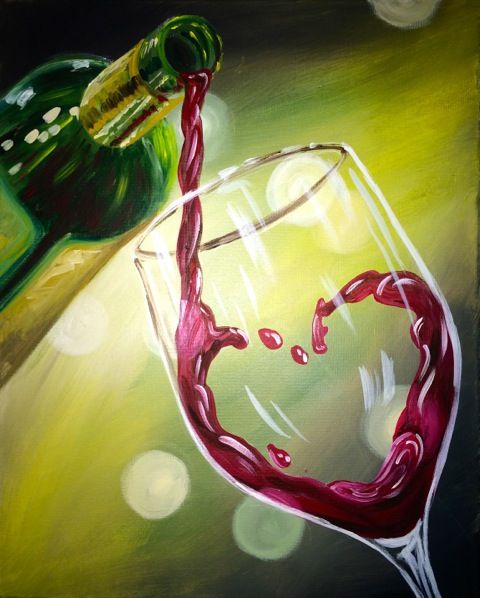 Painting of wine being poured from a wine bottle into a wine glass
