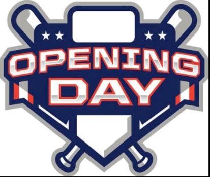 red white and blue opening day in front of 2 crossed baseball bats