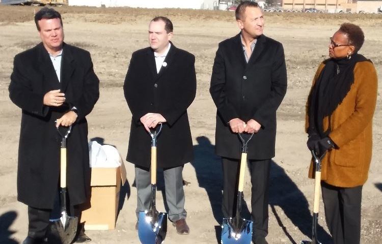 State and county officials next to Mayor David Guerin at the ground breaking ceremony for Go2Logisti