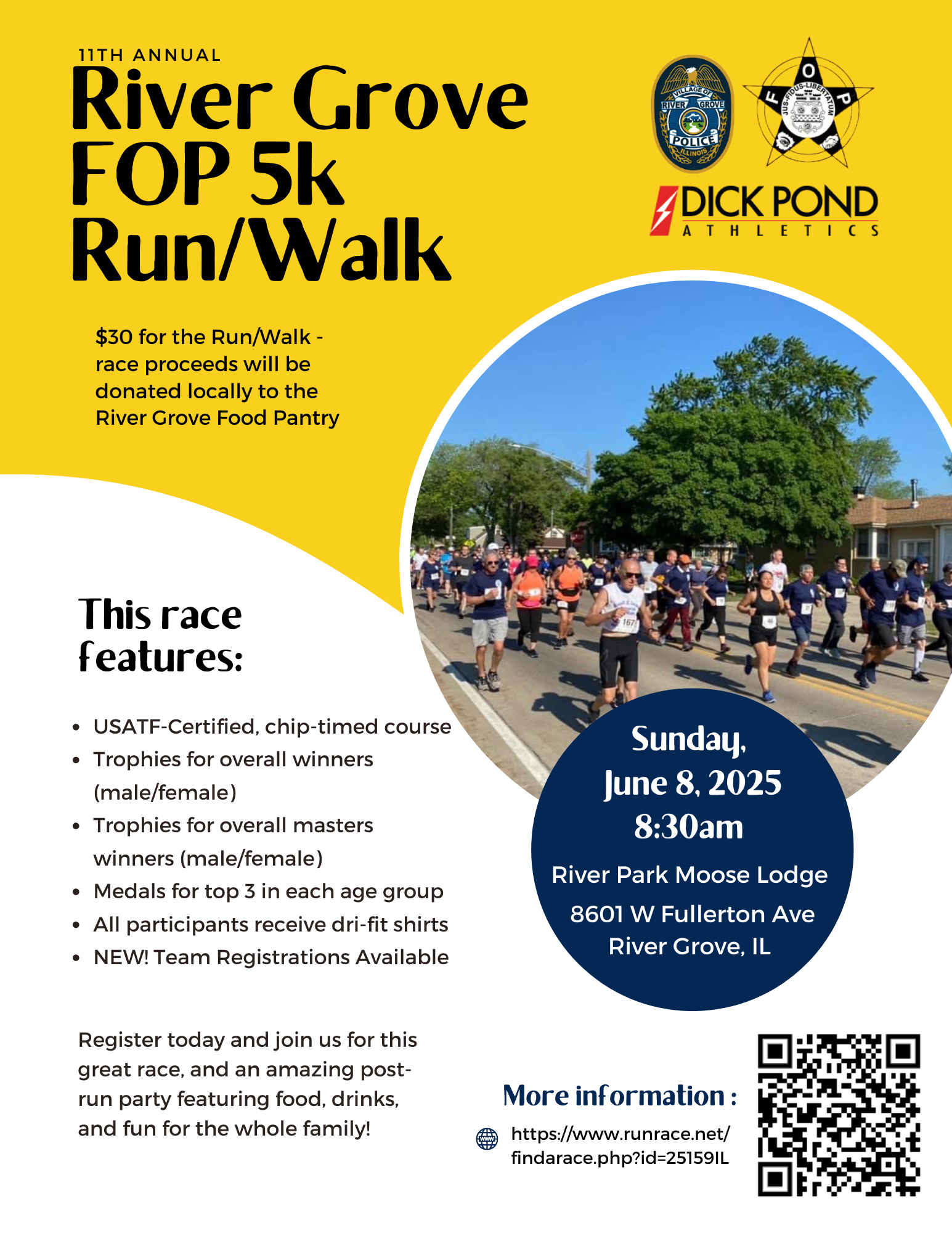 River Grove FOP 5K information on yellow background with a picture of runners