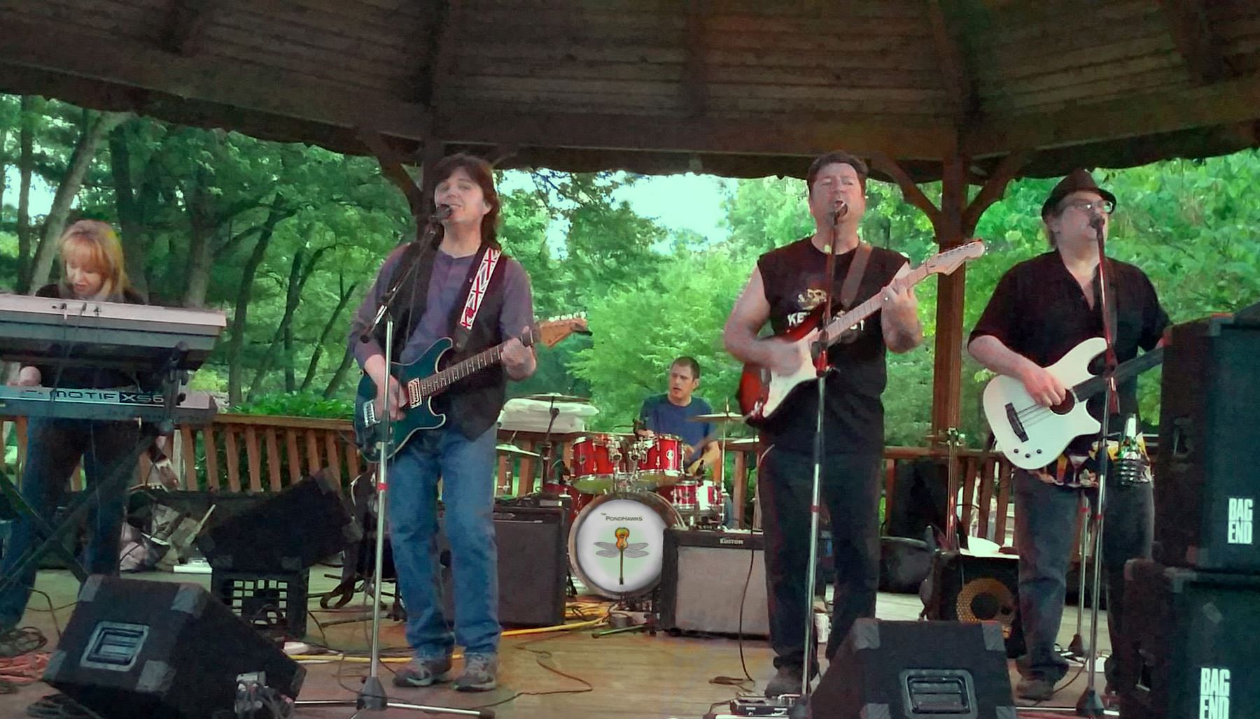 The Pondhawks band featuring Mario Novelli performing on the stage at the Gazebo