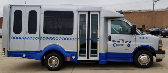 Grey River Grove Pace bus with blue lettering
