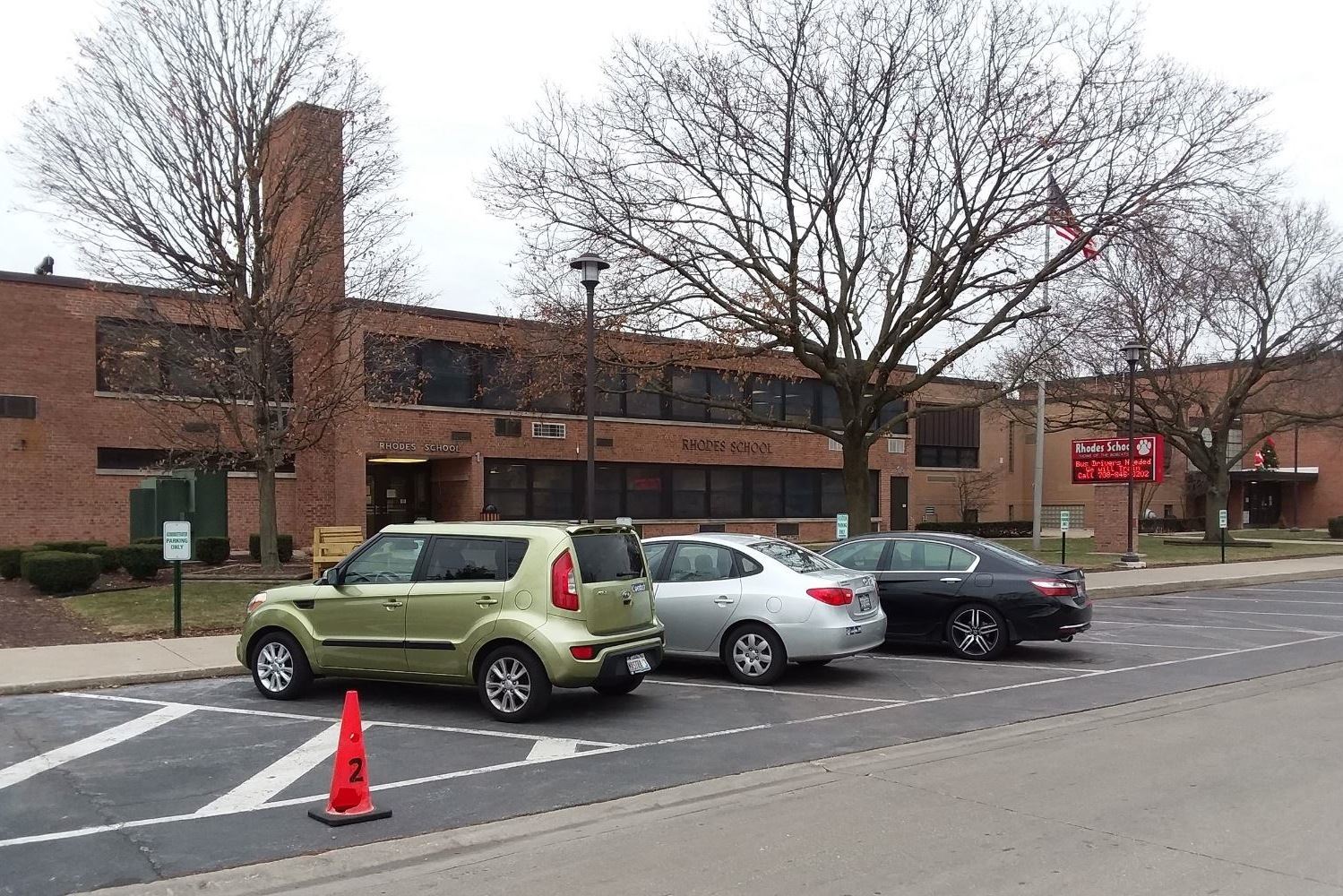 Exterior view of the front entrance to Rhodes School